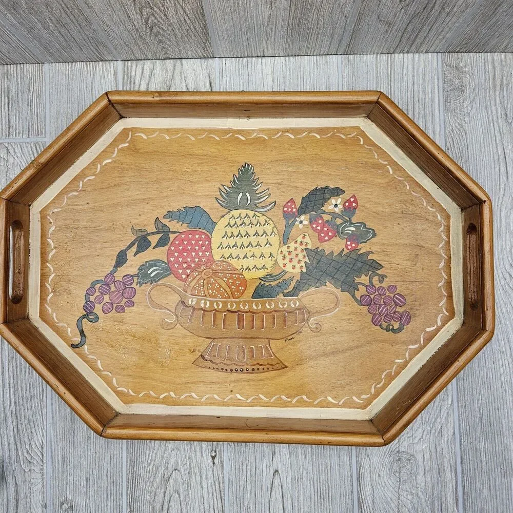 Vintage Hand Painted Wood Serving Tray With Wall Hanging‎ Hook Rose 1984